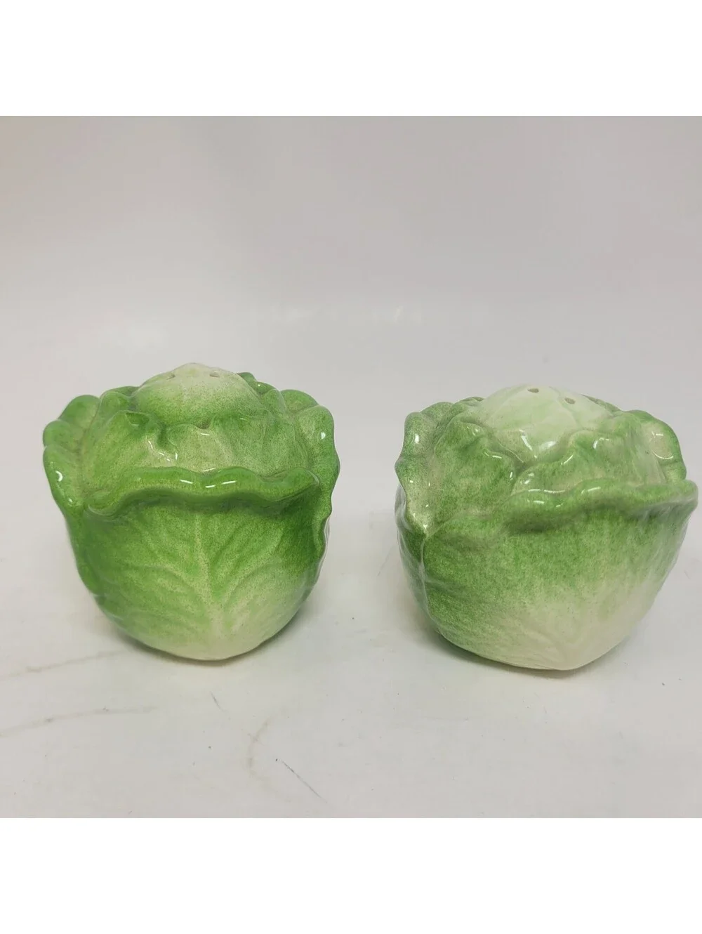 Vintage Ceramic Cabbage Lettuce Head Salt Pepper Shakers Majolica Style